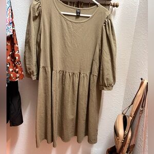 SHEIN Olive Green Puff Sleeve Midi Dress
